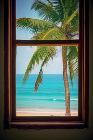 view of the sea through the window with palm trees and blue skyの素材