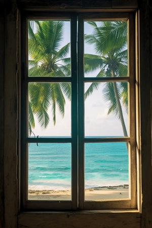 Beautiful view from the window to the sea and palm trees.の素材