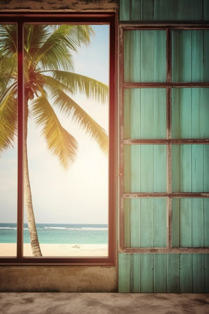 Tropical view through the window of a wooden house on the beachの素材