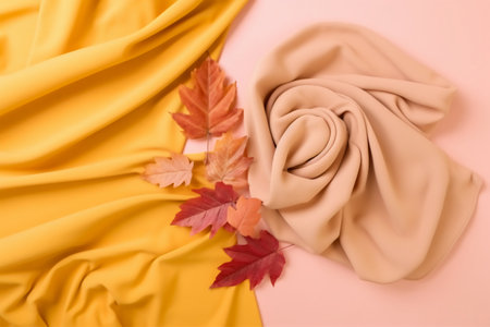Crumpled fabric and autumn leaves on color background, top viewの素材