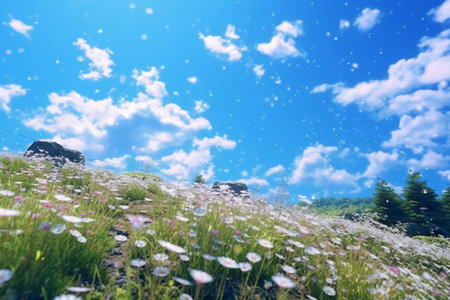 White daisies in the meadow and blue sky with cloudsの素材