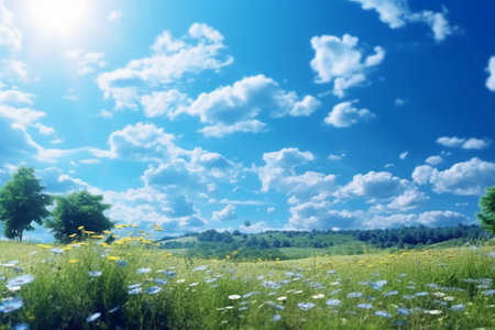 summer meadow with blue sky and white clouds, nature series