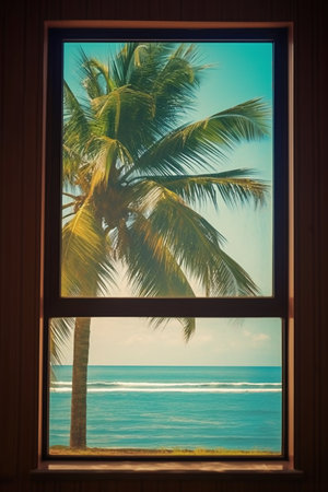 Palm tree on the background of the sea through the window.の素材
