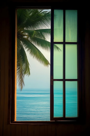 Beautiful view through the window to the sea and palm trees.の素材