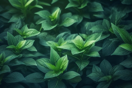 Fresh green mint leaves in the garden with filter effect retro vintage styleの素材