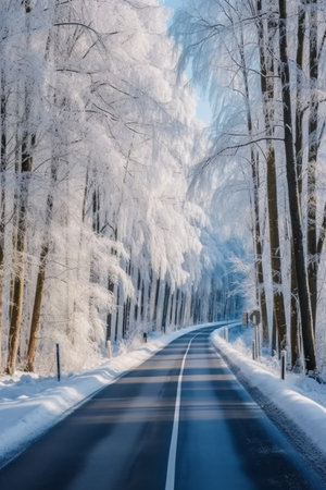 Winter road in the forest. Road in winter forest. Road in winter forest.の素材
