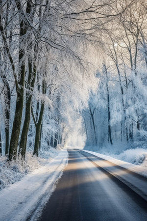 Winter road through the forest. Beautiful winter landscape with snowy trees.の素材