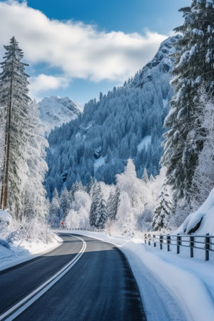 Beautiful winter landscape in the mountains. Snowy road in the mountains.の素材
