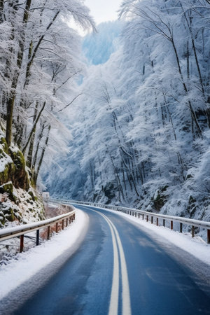 Snowy winter road in the mountains. Beautiful winter landscape in south korea.の素材