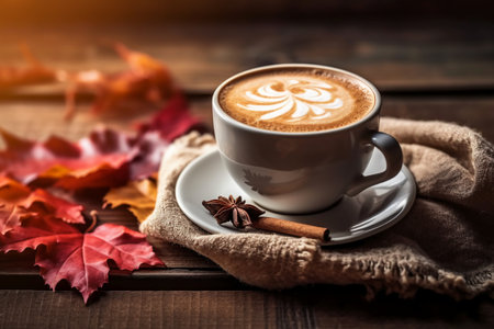 Cup of coffee with autumn leaves and cinnamon on a wooden tableの素材
