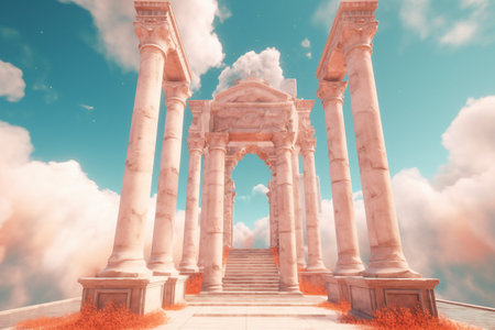 Ancient temple with blue sky and white clouds. 3d rendering.の素材