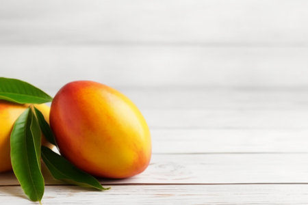 Ripe mango fruit with green leaves on white wooden table background.の素材