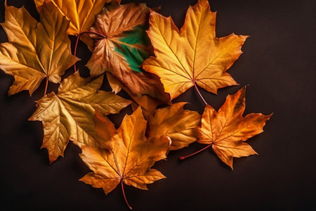 Autumn maple leaves on black background. Top view, flat layの素材