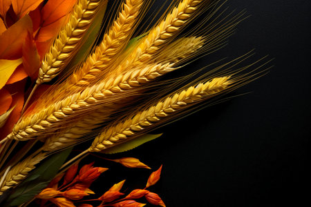 Bouquet of autumn leaves and ears of wheat on black backgroundの素材