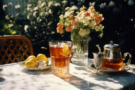 Glass of tea with lemon and teapot on table in gardenの素材