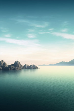 Beautiful seascape with mountains and blue sky. 3d renderの素材