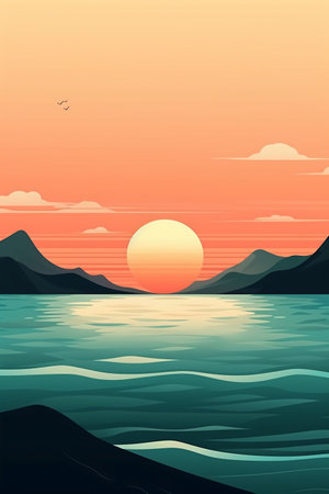 Beautiful sunset over the sea. Vector illustration in retro style.の素材
