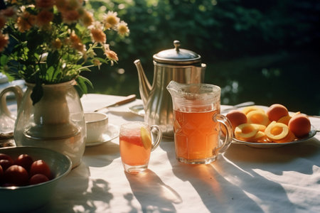 Breakfast in the garden on a sunny day. Cup of tea with apricot and lemon.の素材