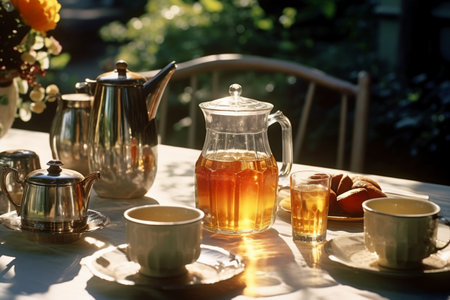 Tea set in the garden on the table with teapot and cupsの素材