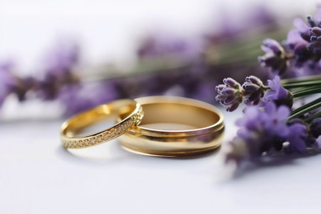 Wedding rings and lavender flowers on a white background.の素材