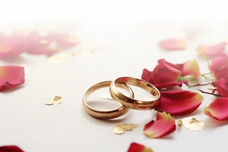 wedding rings and rose petals on a white background.の素材