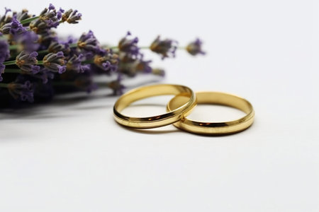 Wedding rings and lavender flowers on a white background.の素材