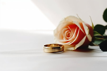 Wedding rings and rose on a white background. Copy space.の素材
