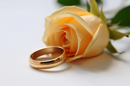 Wedding rings and yellow rose on white background, closeupの素材