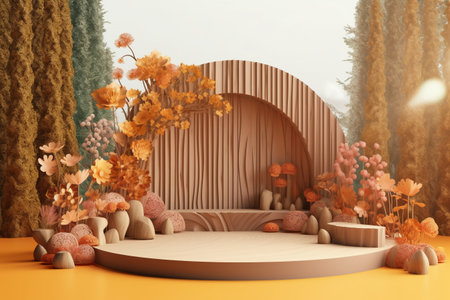 3d render of podium for product display with autumn leaves background.の素材