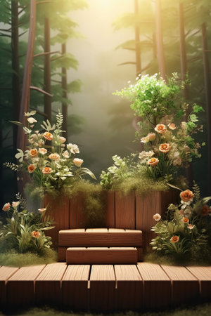 Wooden bench in the forest with flowers. 3d rendering.の素材