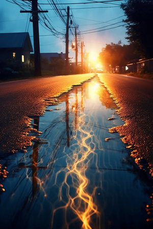 Reflection of the sun in a puddle on the road.の素材