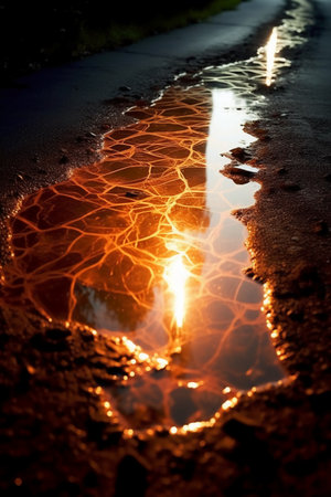 Reflection of the sun on the surface of the puddle.の素材
