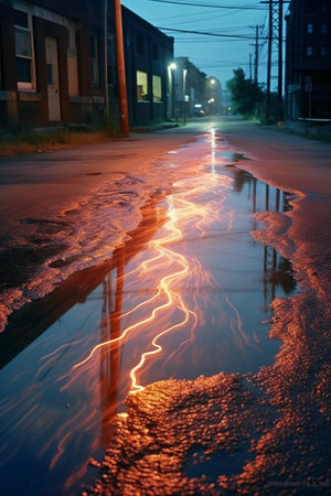 Reflection of light in a puddle on the street at nightの素材