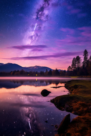 Milky Way over lake in the mountains. Long exposure photography.の素材