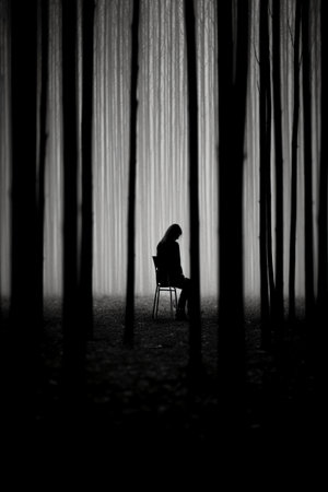 Silhouette of a lonely woman sitting in a dark forest.の素材