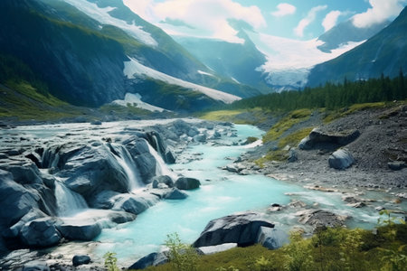 Beautiful mountain landscape with river and snow-capped mountains.の素材