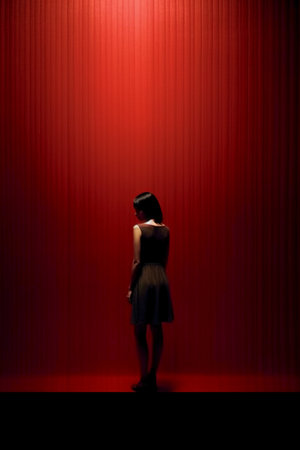 Woman standing on the stage and looking at the red curtains in the theaterの素材