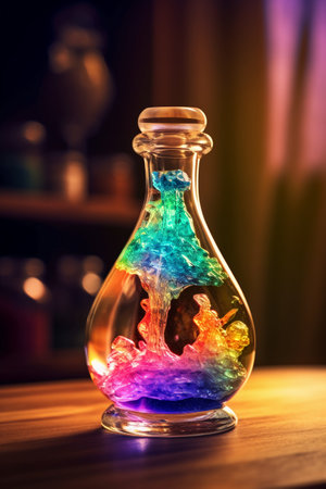 Colorful magic potion in bottle on dark background. Halloween concept.の素材
