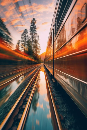 Train on the railway at sunset. Long exposure. Motion blur.の素材