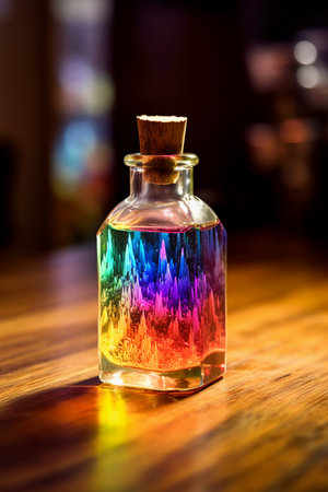 Colorful magic potion in a glass bottle on a wooden background.の素材