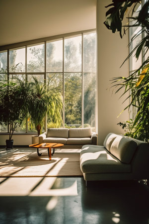 Modern bright interiors design living room with sofa and plant, stock photoの素材