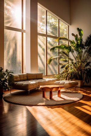 Interior of modern living room with large window view. Nobody insideの素材