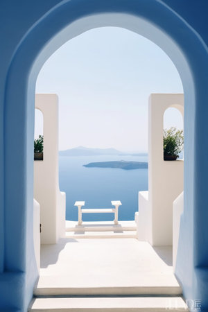 White architecture on Santorini island, Greece. Beautiful landscape with sea viewの素材