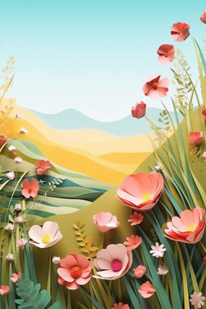 Flowers in the meadow with mountains in the background. illustrationの素材