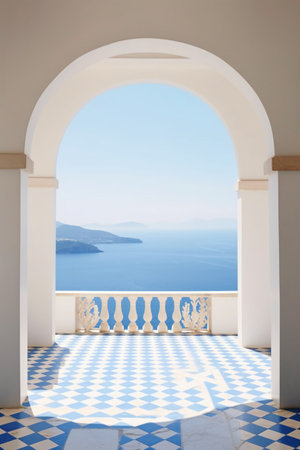 Balcony overlooking the sea, Greece, Santorini islandの素材