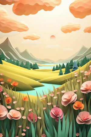 Illustration of a beautiful summer landscape with lake, mountains and flowersの素材