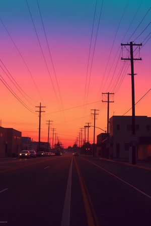 Sunset in the city with electricity pole and power line on the roadの素材