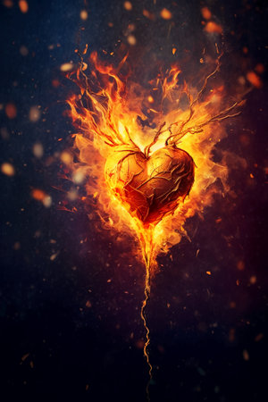 Heart in fire on dark background, valentine day concept.の素材