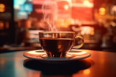 Coffee cup on wooden table in coffee shop, stock photoの素材