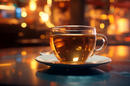 Cup of tea on a table in a cafe at night.の素材